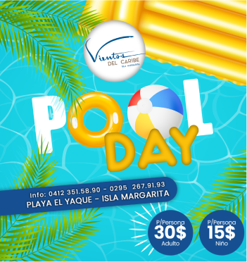 Pool Day event poster with tropical leaves, colorful pool floats, and pricing details on a blue water background