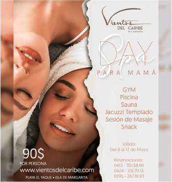 Promotional poster for spa day pass with two women, beige tones, and service details in Spanish.