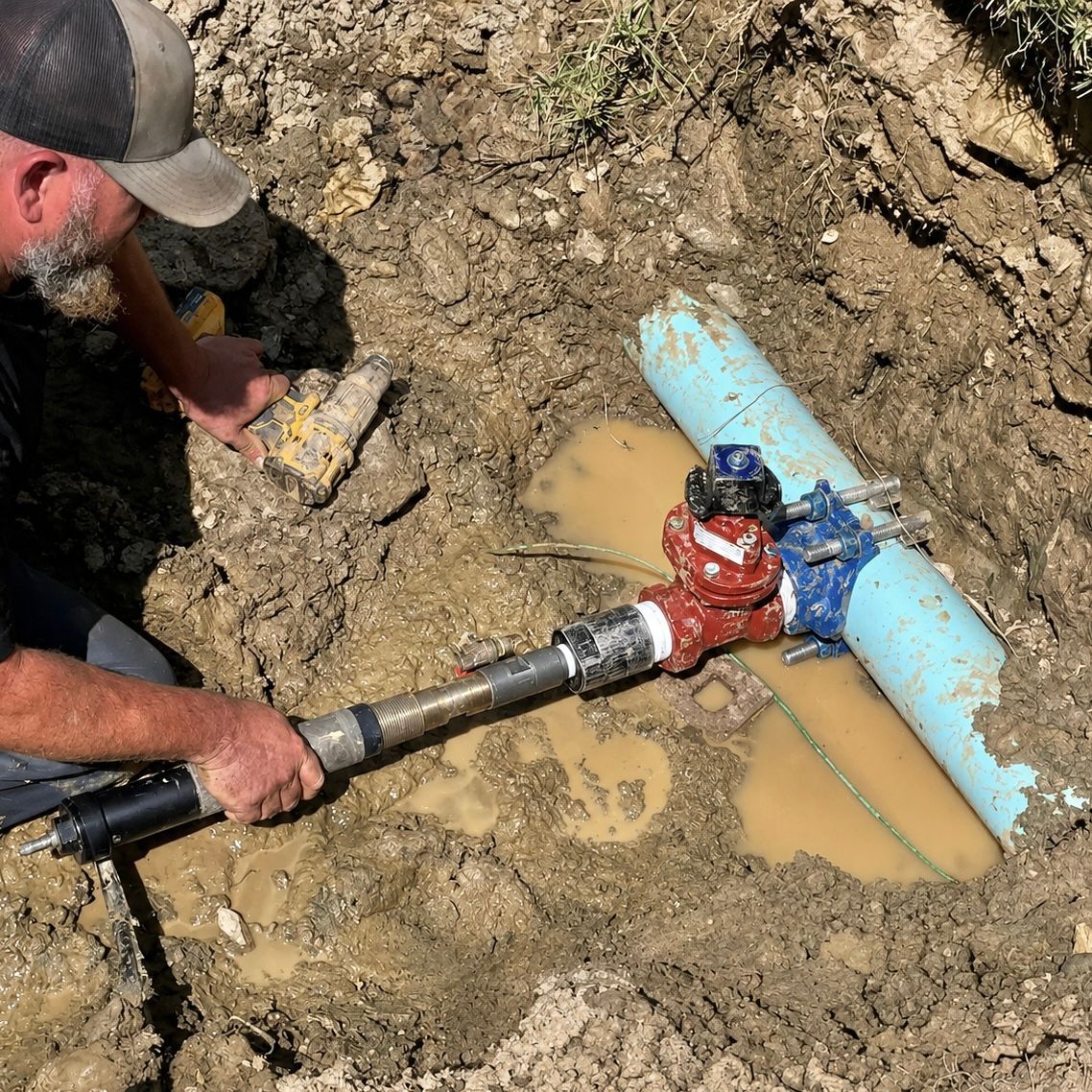 Construction worker beside cement truck at a roadside drain with ladder and grate cover removed