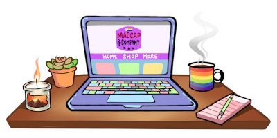 A cartoon illustration of a laptop computer on a desk
