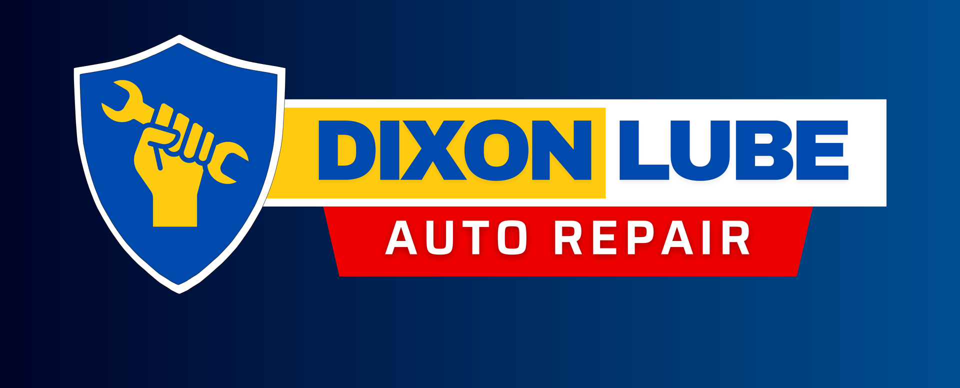 Dixon Lube Auto Repair logo with blue shield and red-and-blue banner on a blue gradient background