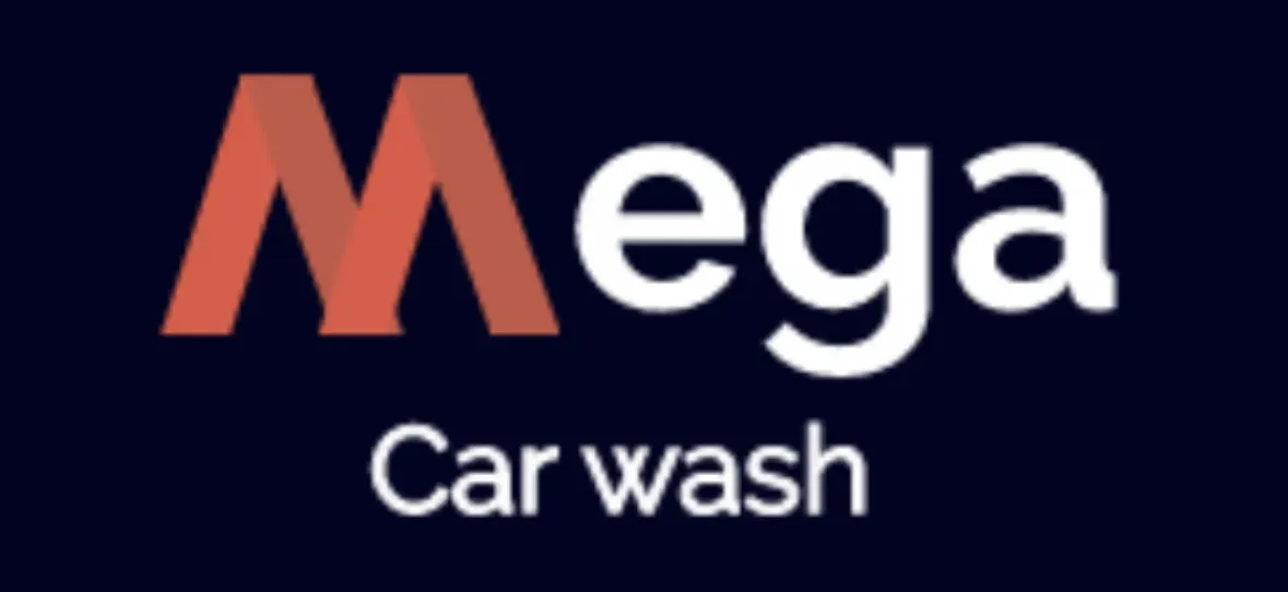 Mega Car Wash logo in orange and white on a dark blue background