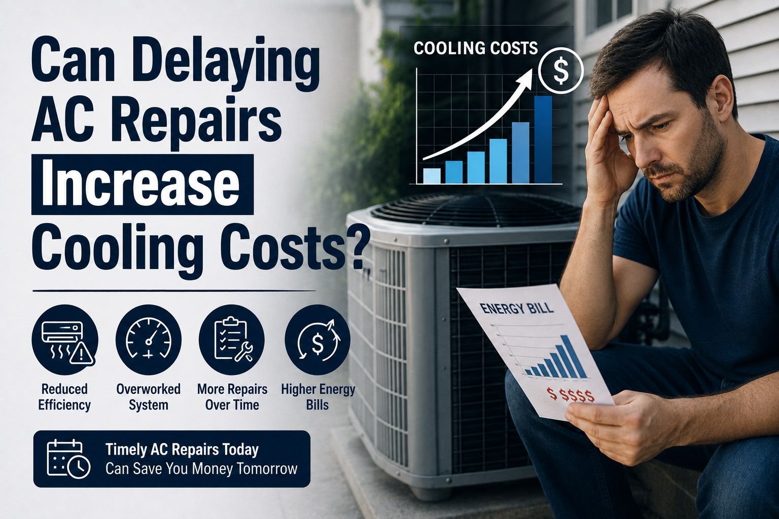 HVAC repairman reads invoice beside outdoor AC unit with text asking why repairs cost more than expected Man reading AC repair bill beside air conditioner with “Can Delaying AC Repairs Increase Cooling Costs?” text.
