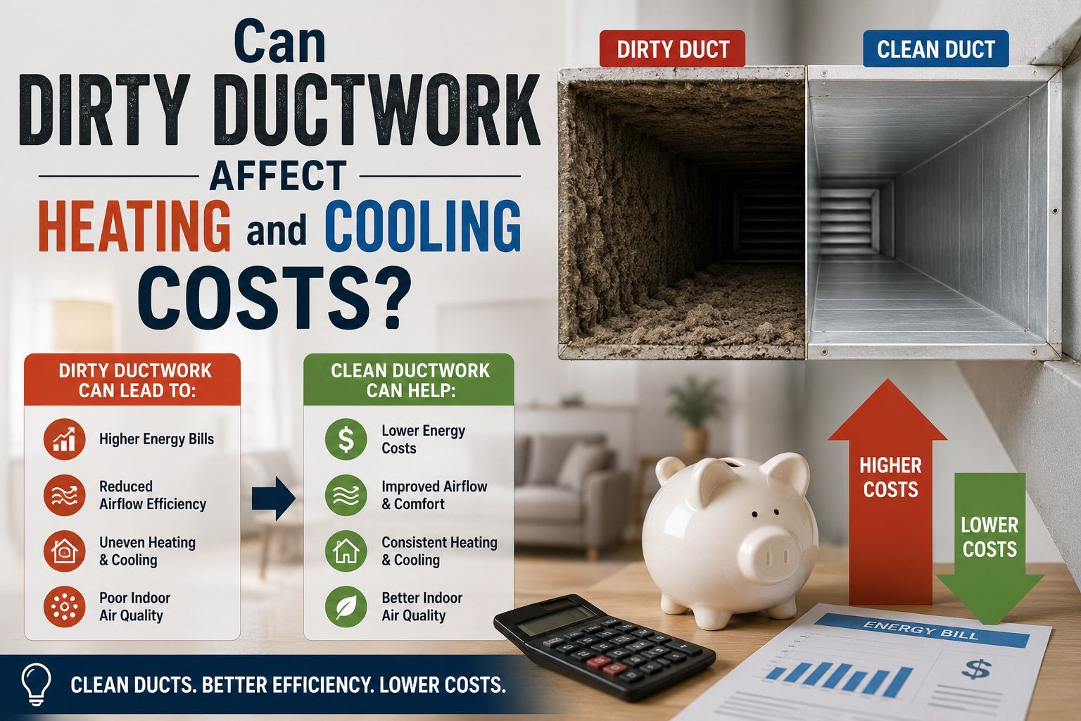 Infographic on dirty ductwork affecting heating and cooling costs, with before-and-after duct images and money-saving icons