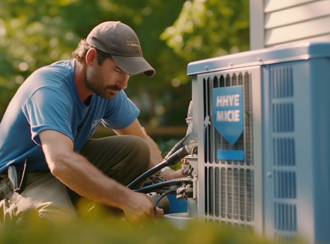 HVAC technician in a blue shirt and cap servicing an air conditioning unit outside a house.