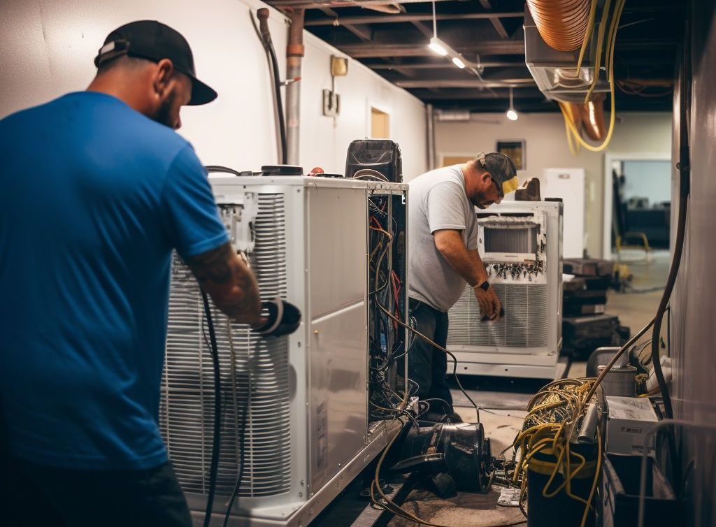 Two people working on large HVAC units in an interior setting. One cleans coils, the other examines wiring.