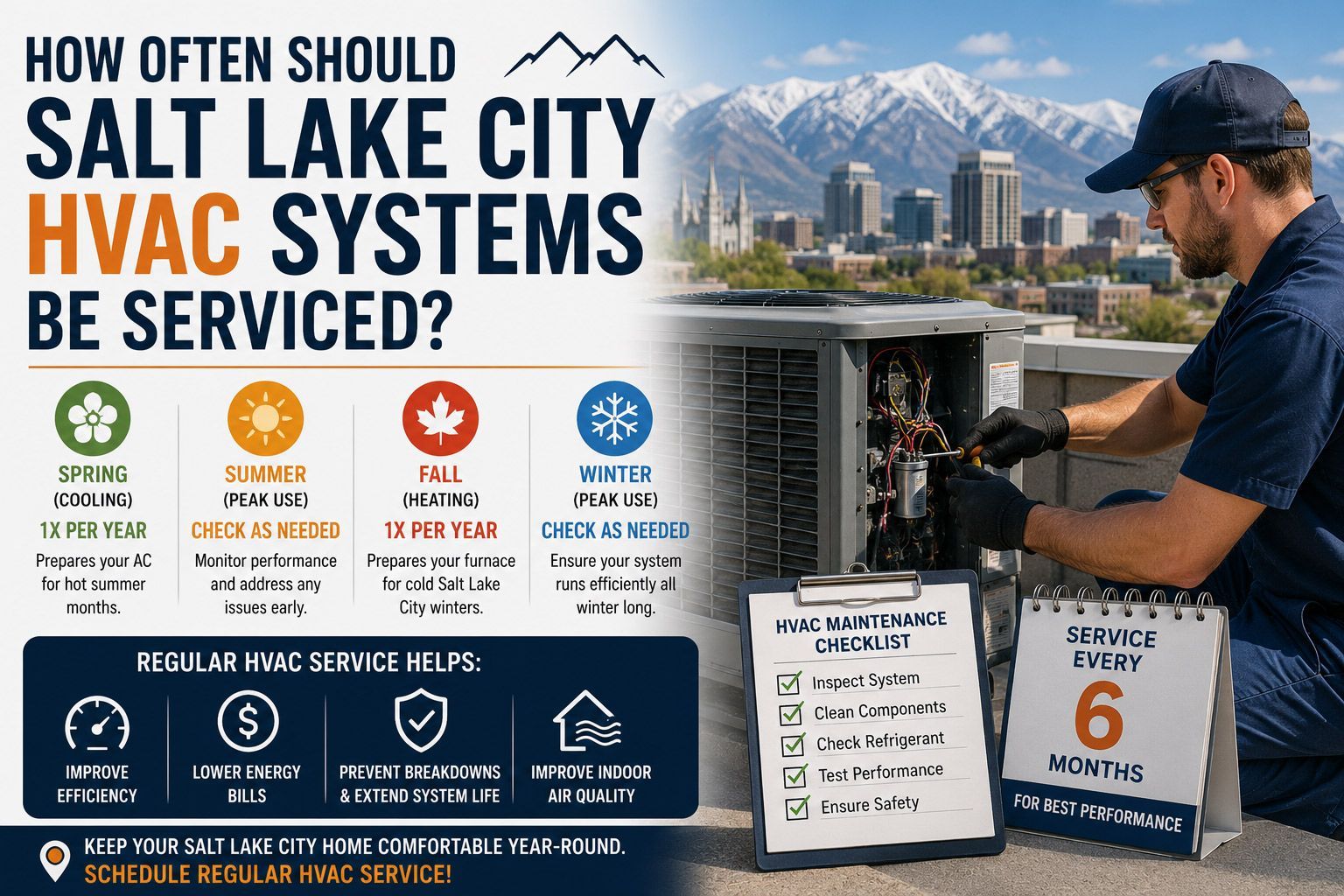 Infographic on Salt Lake City HVAC service frequency with a technician servicing an outdoor AC unit.