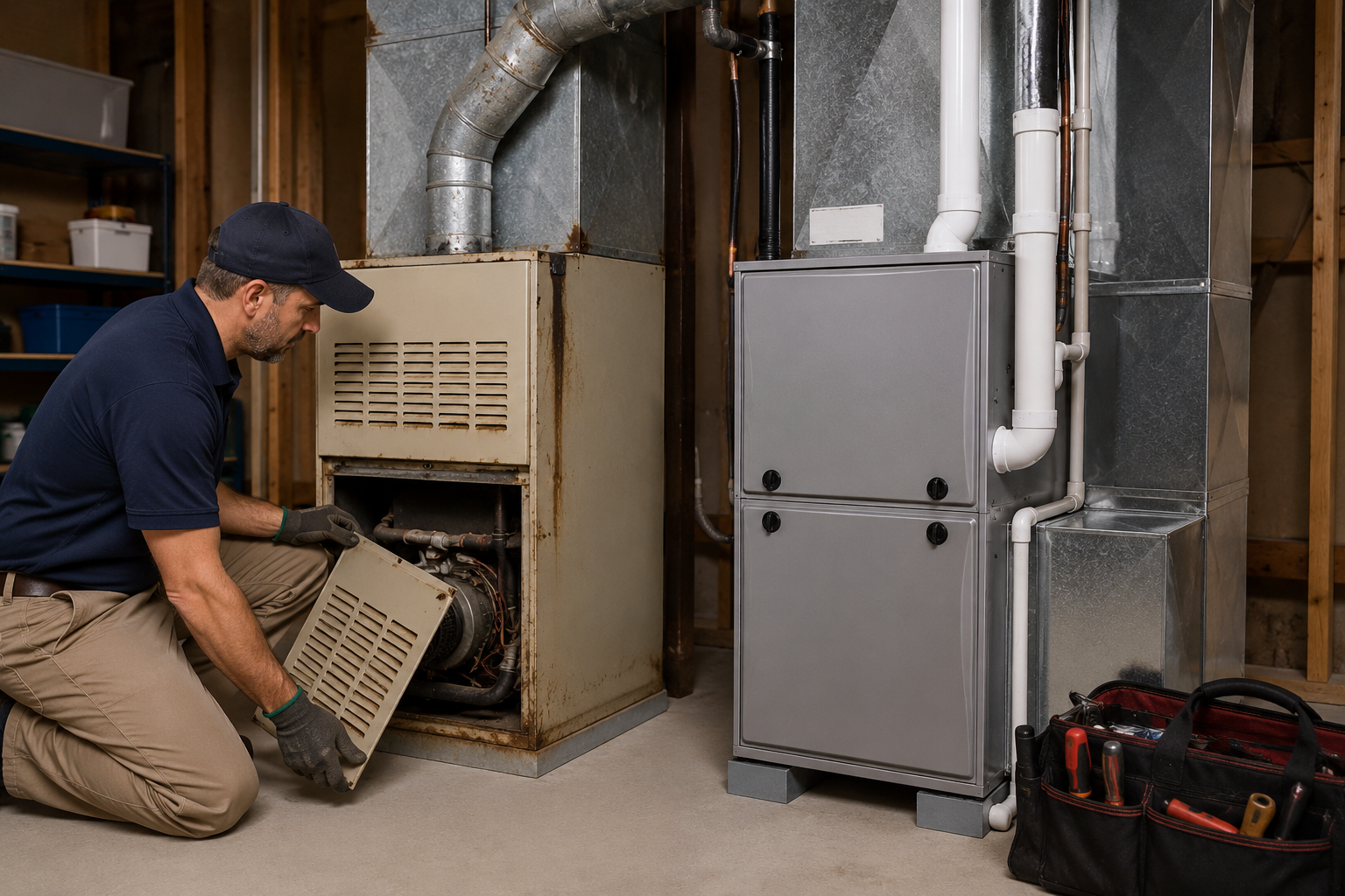 Technician kneels by a furnace, removing a dirty filter in a basement utility room.