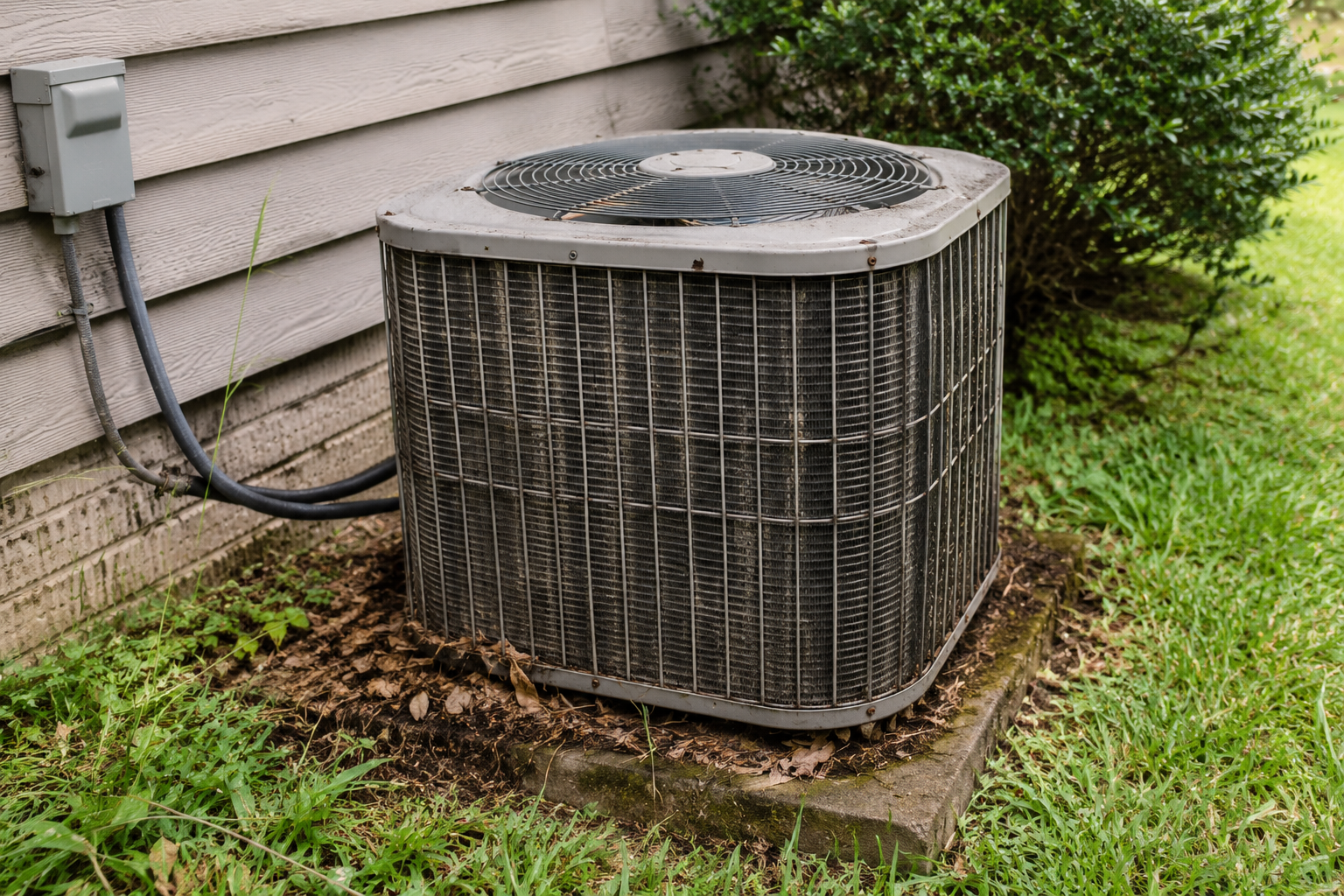 Outdoor air conditioner unit beside a house wall, with grass and shrubs nearby.