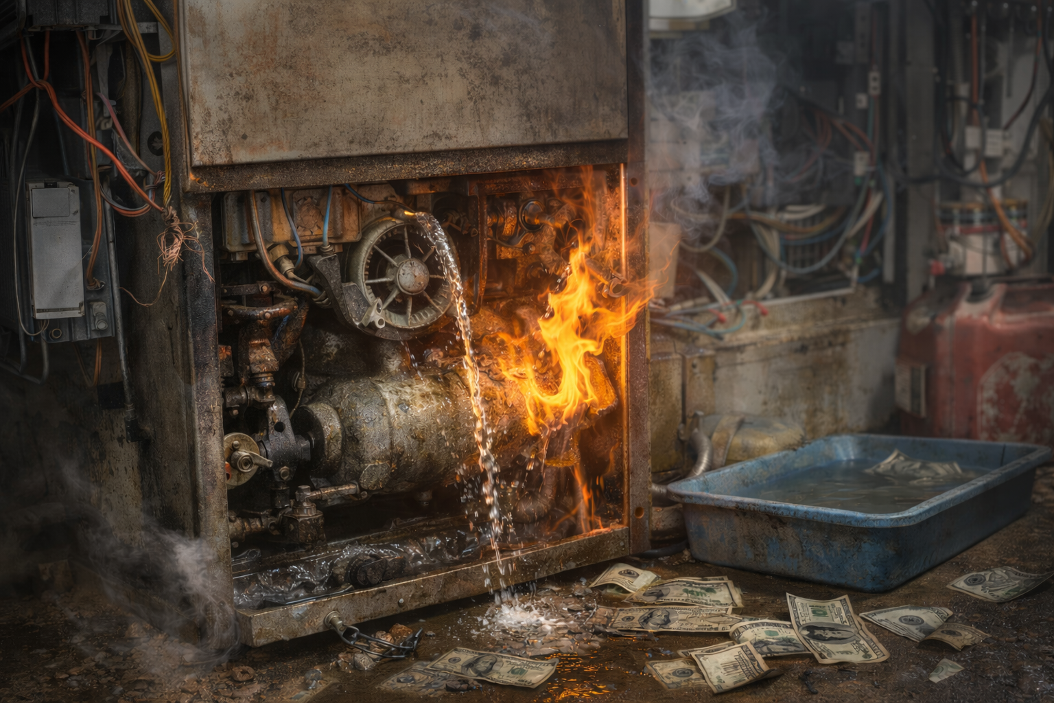 Gas pump on fire, spewing water. Money scattered nearby.
