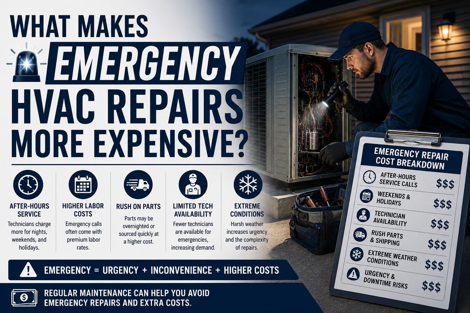Infographic on why emergency HVAC repairs cost more, with technician inspecting furnace and pricing list
