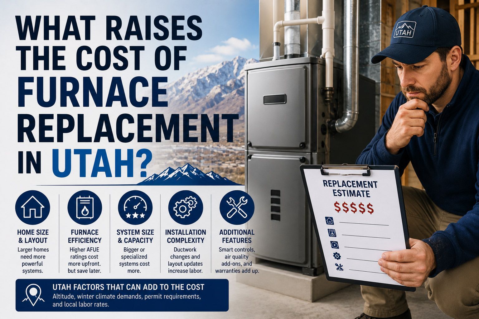 Furnace replacement ad in Utah with technician beside a furnace and cost factors icons on a blue background Furnace replacement ad in Utah with technician beside a furnace and cost factors icons on a blue background