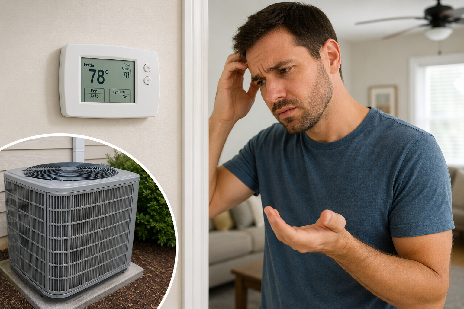 Home thermostat and outdoor AC unit beside a worried man checking the temperature inside.