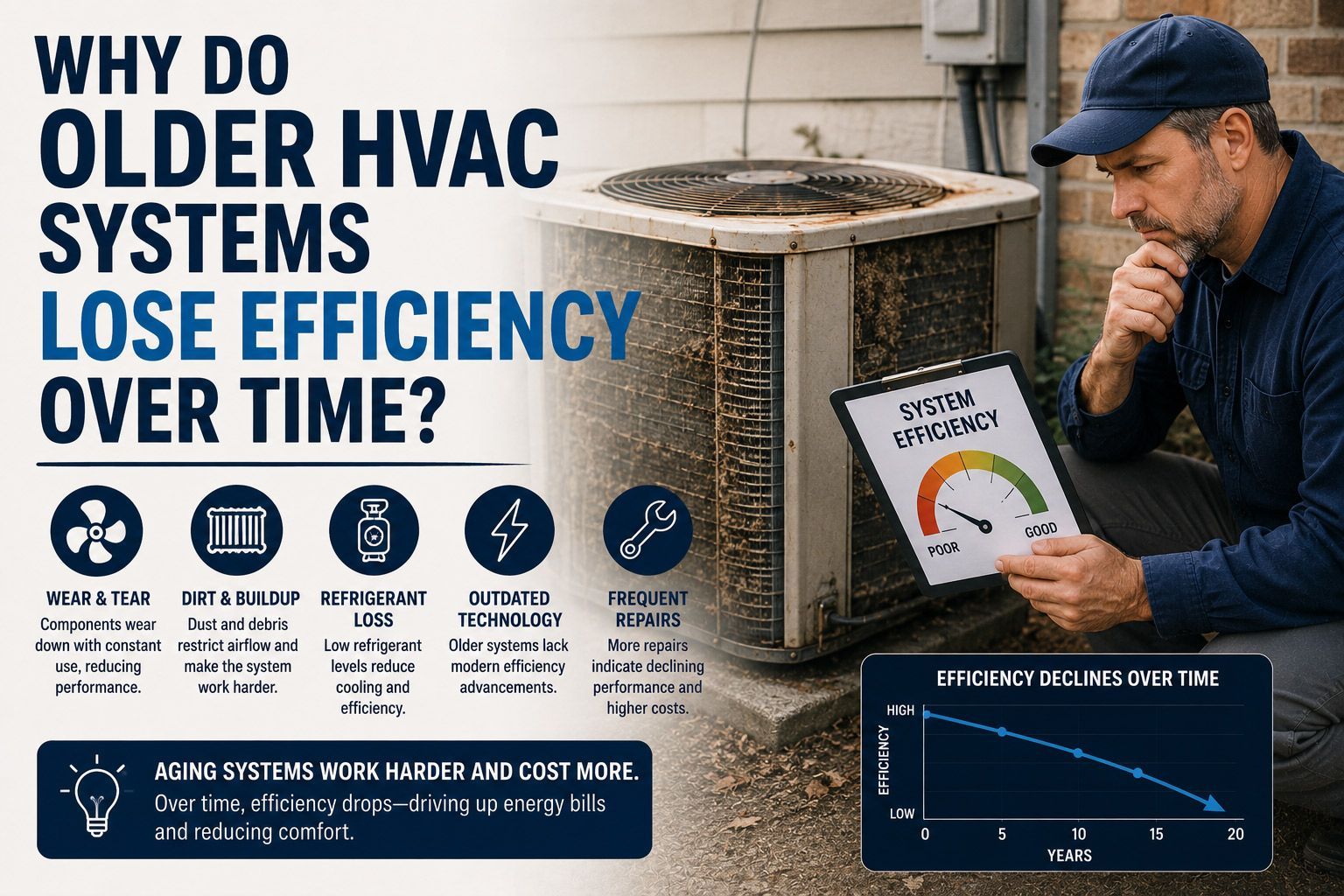 Infographic on older HVAC systems losing efficiency over time, with technician inspecting an outdoor unit.