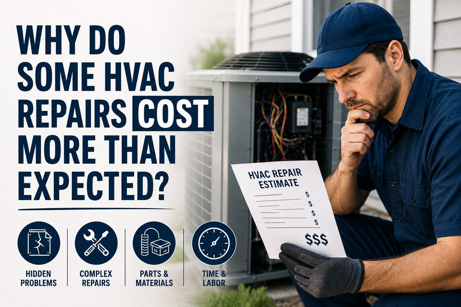 HVAC repairman reads invoice beside outdoor AC unit with text asking why repairs cost more than expected HVAC repairman reads invoice beside outdoor AC unit with text asking why repairs cost more than expected