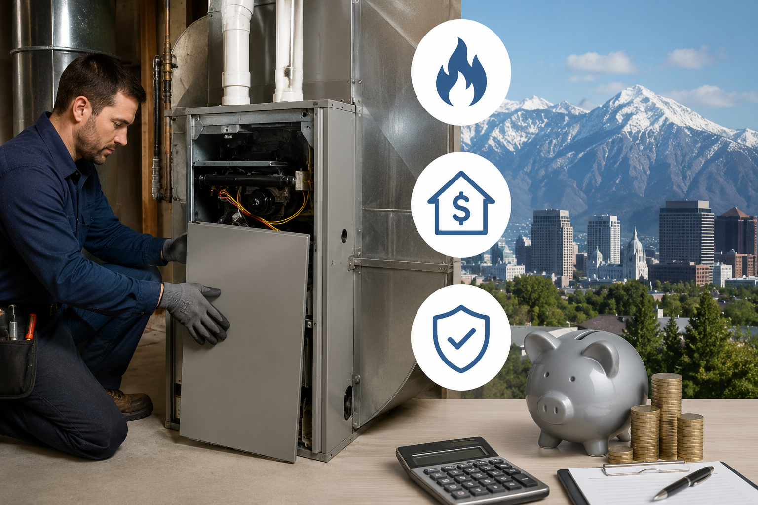 Technician repairing furnace beside icons for heat, savings, and protection, with mountains and city skyline behind.