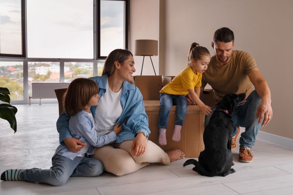 Family unpacking in a new home; parents and children interacting with a black dog near cardboard boxes.