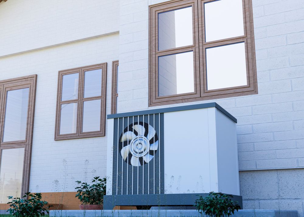 White heat pump unit next to a house with windows and plants.