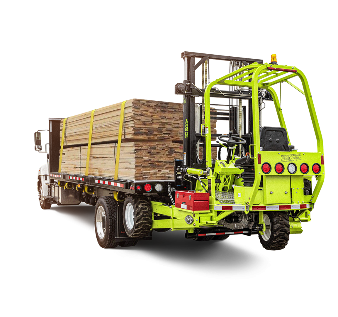 Green lumber forklift loading lumber onto a flatbed truck on a white background.