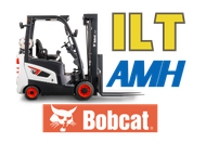 Bobcat forklift with ILT AMH logo and orange Bobcat banner on a white background