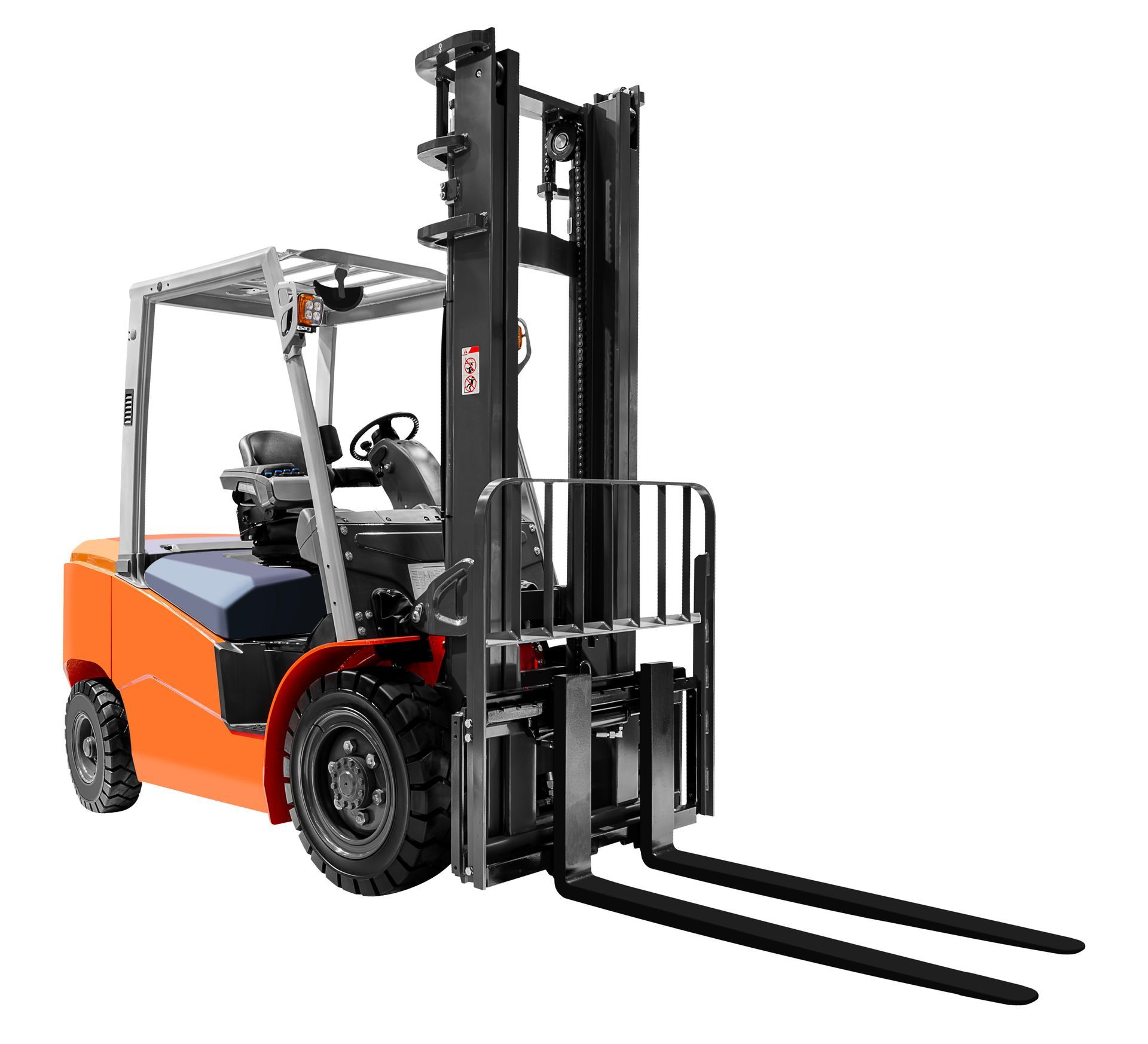 Orange and black forklift with raised forks, shown in side view on a white background