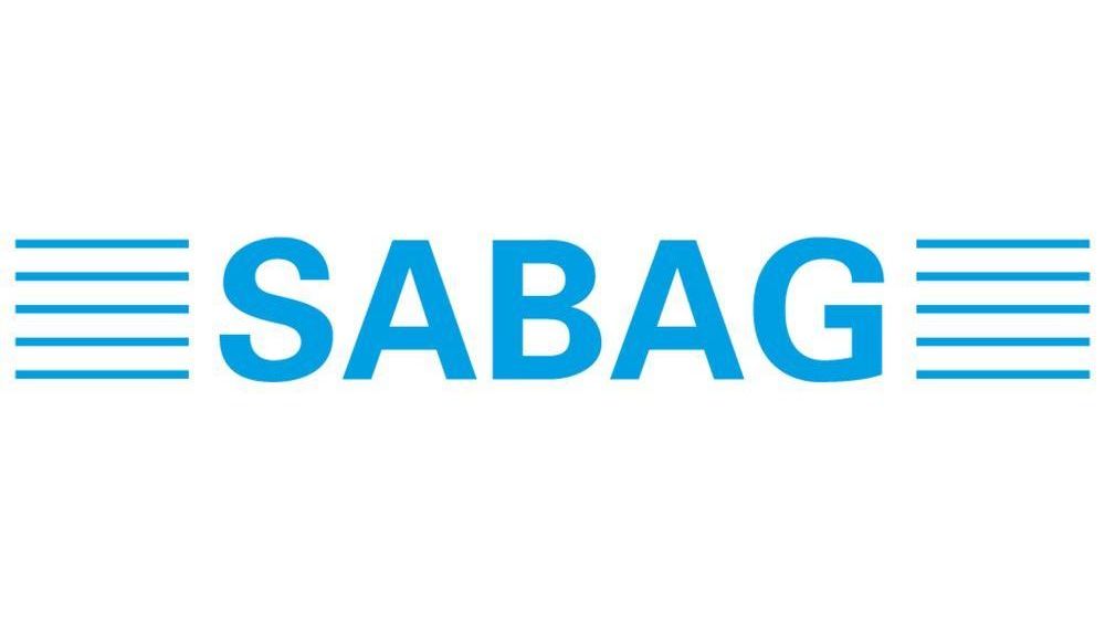 Un logo bleu et blanc pour sabag sur fond blanc.