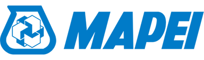 Un logo bleu et blanc pour mapei sur fond blanc.