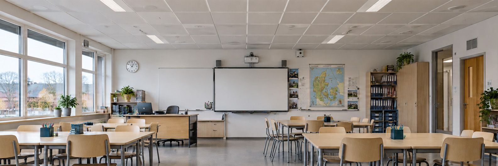 AURA akustikloft i skinnesystem til institutioner,