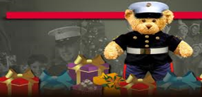 Teddy bear in captain’s uniform among wrapped gifts with a red progress bar above