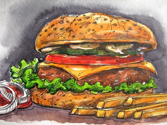 Watercolor burger with sesame bun, lettuce, tomato, cheese, and grilled patty beside a soda can