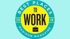 Best Places to Work 2016 Madison Magazine award logo in teal, yellow, and black