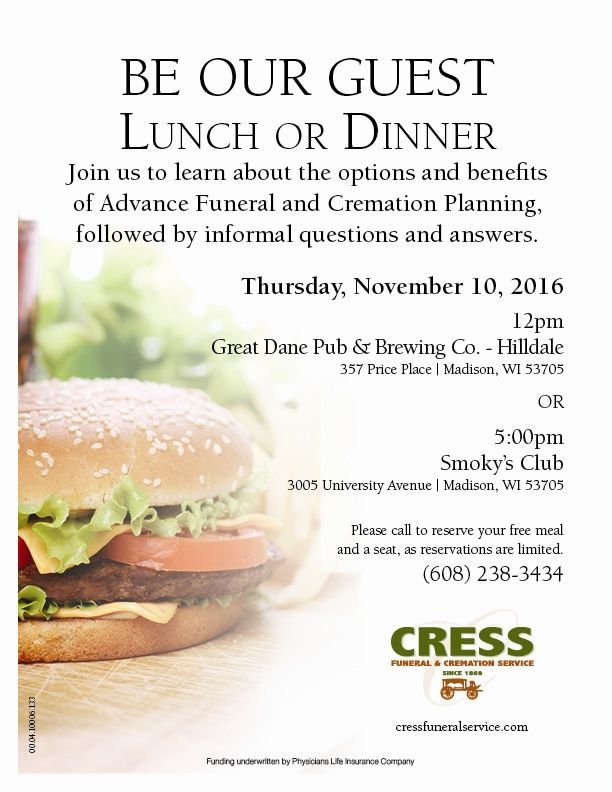 Restaurant fundraiser flyer for advance funeral care planning seminar, with burger photo and event details.