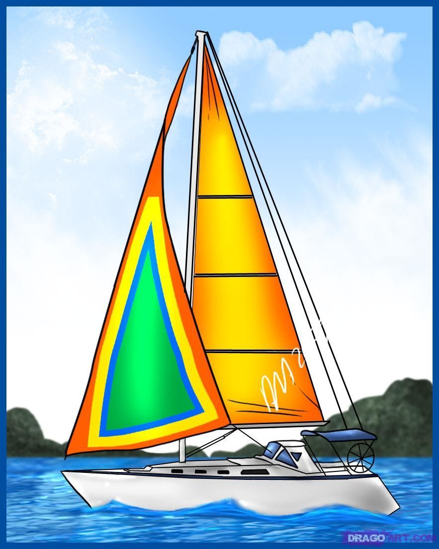 Sailboat with bright orange and yellow sails racing on blue water under a clear sky