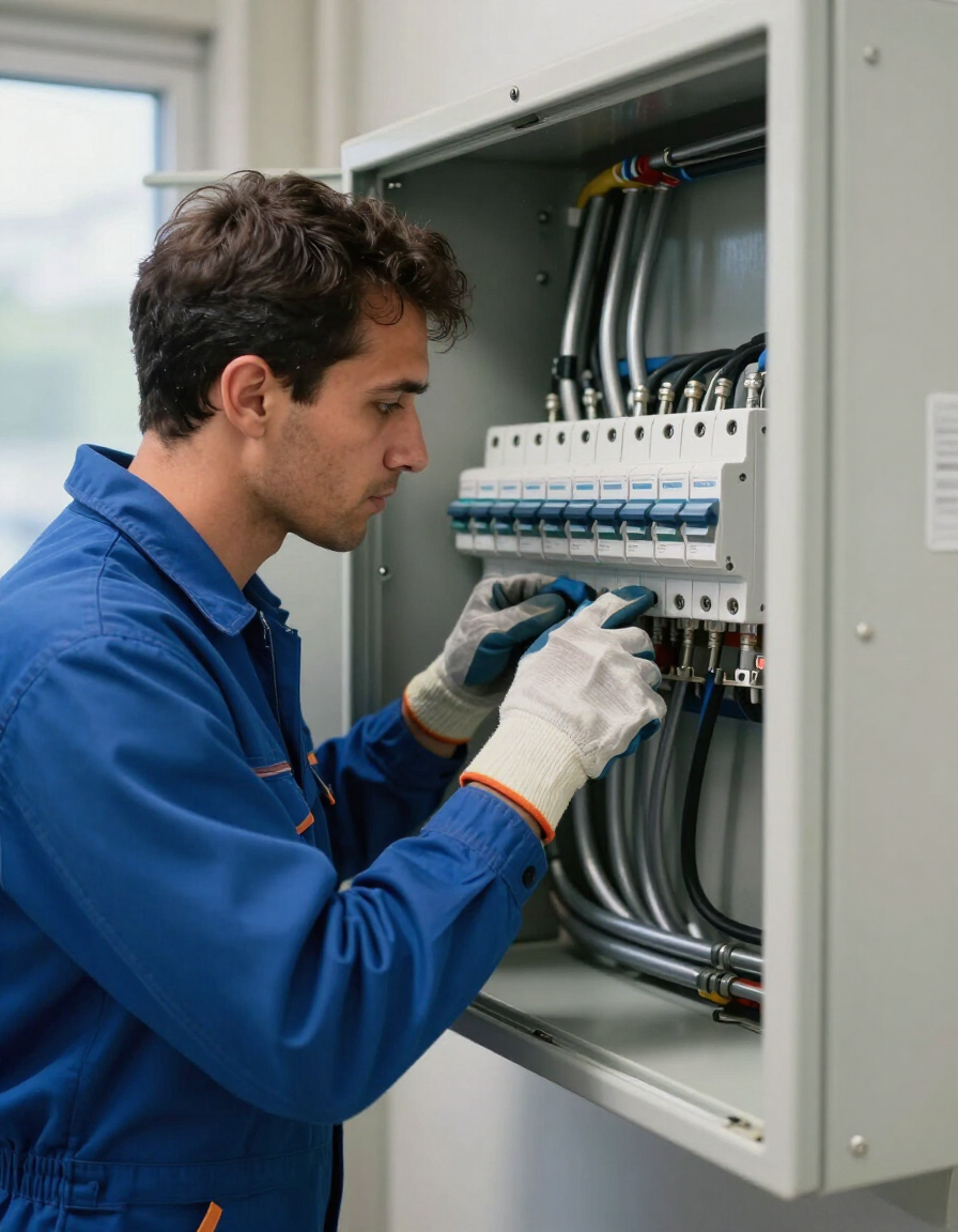 Técnico con mono azul realizando trabajos de cableado en un panel de control eléctrico abierto.
