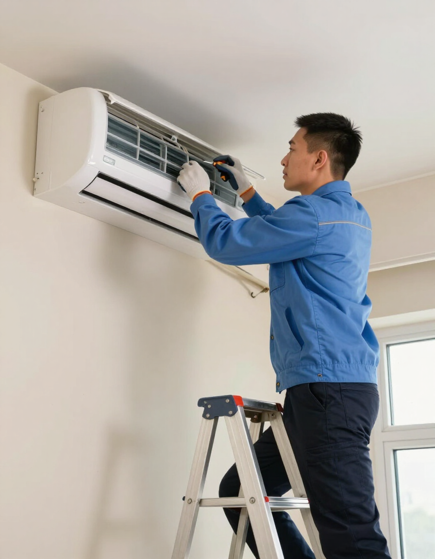 Técnico subido a una escalera limpiando una unidad de aire acondicionado en el interior.