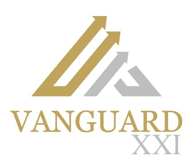 A gold and silver logo for vanguard xxi