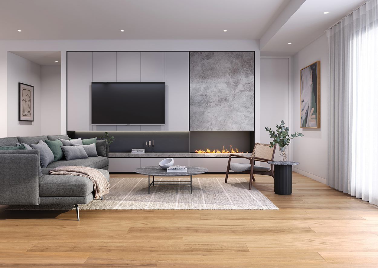 A Living Room With A Couch, Coffee Table, Television And Fireplace — Flooring Suppliers in Port Macquarie, NSW