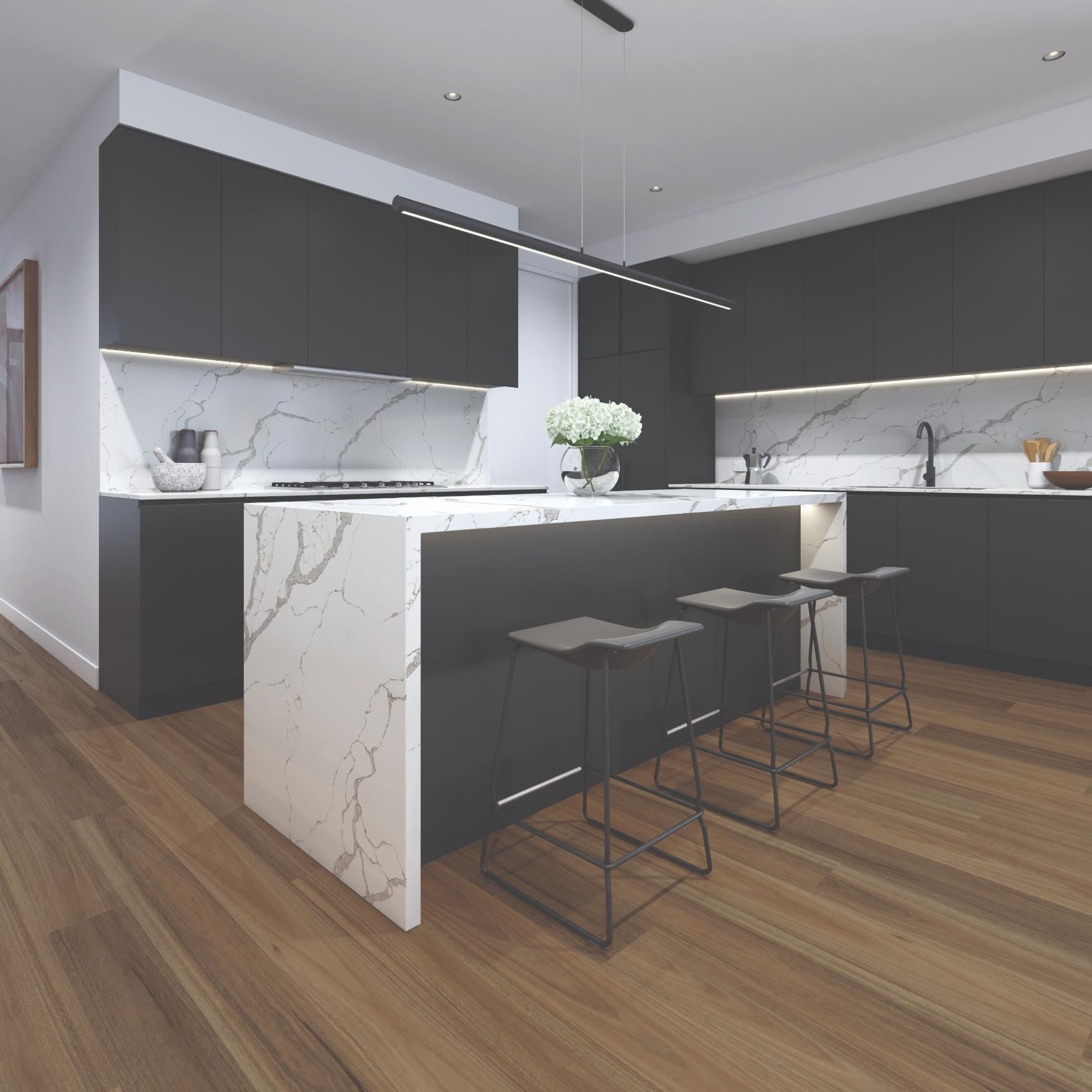 A Kitchen With Black Cabinets And Marble Counter Tops — Flooring Suppliers in Port Macquarie, NSW