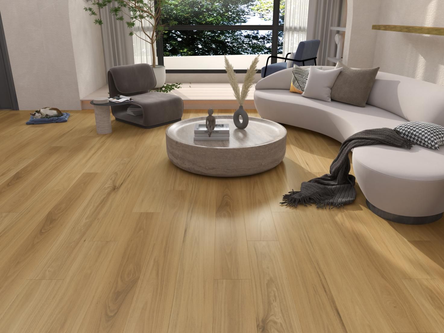 A Living Room With A Couch, Tea Table, Big Window in Back and Wooden Floor — Flooring Suppliers in Port Macquarie, NSW