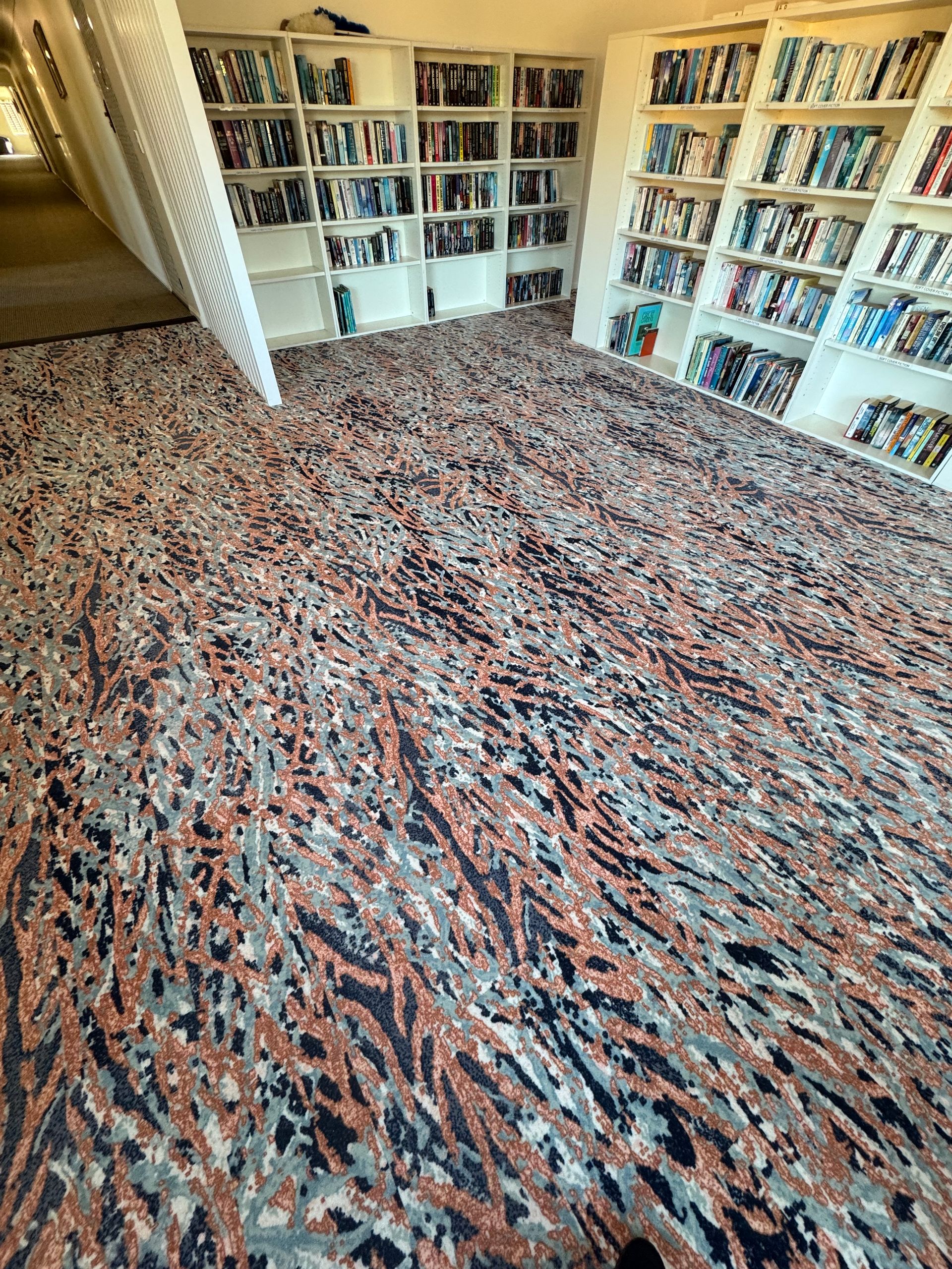 Carpeted library room with built-in bookshelves and a patterned floor rug, viewed from the doorway