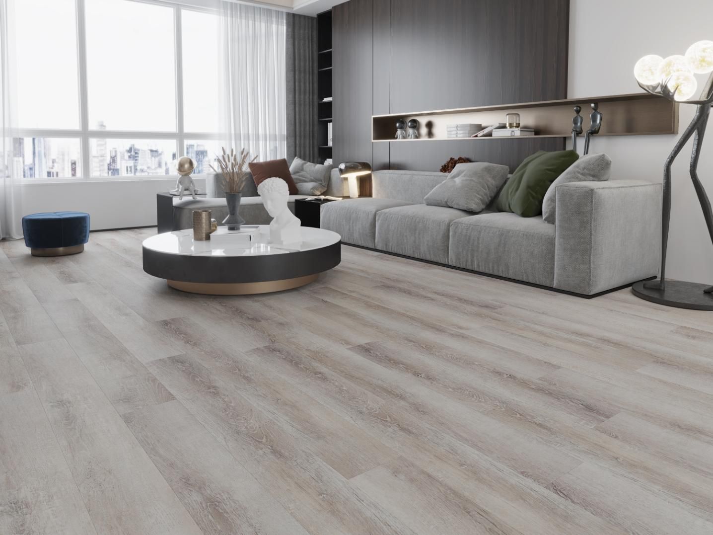 A Living Room With A Sofa And A Table With A White Statue on it — Flooring Suppliers in Port Macquarie, NSW