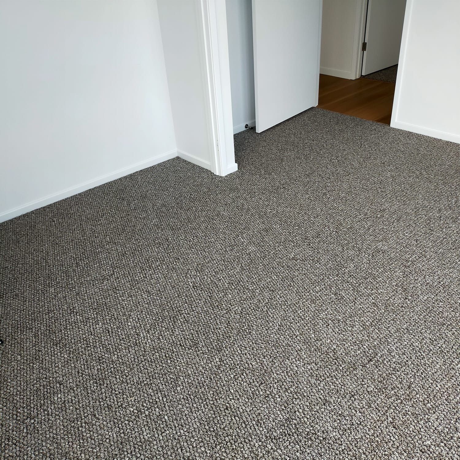 A high-angle view of a room with gray speckled carpet, white walls, and a white door leading to a wooden floor hallway.