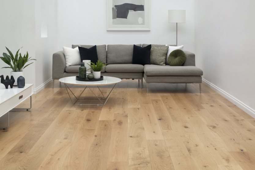 Modern Living Room with Hybrid Flooring — Flooring Suppliers in Port Macquarie, NSW