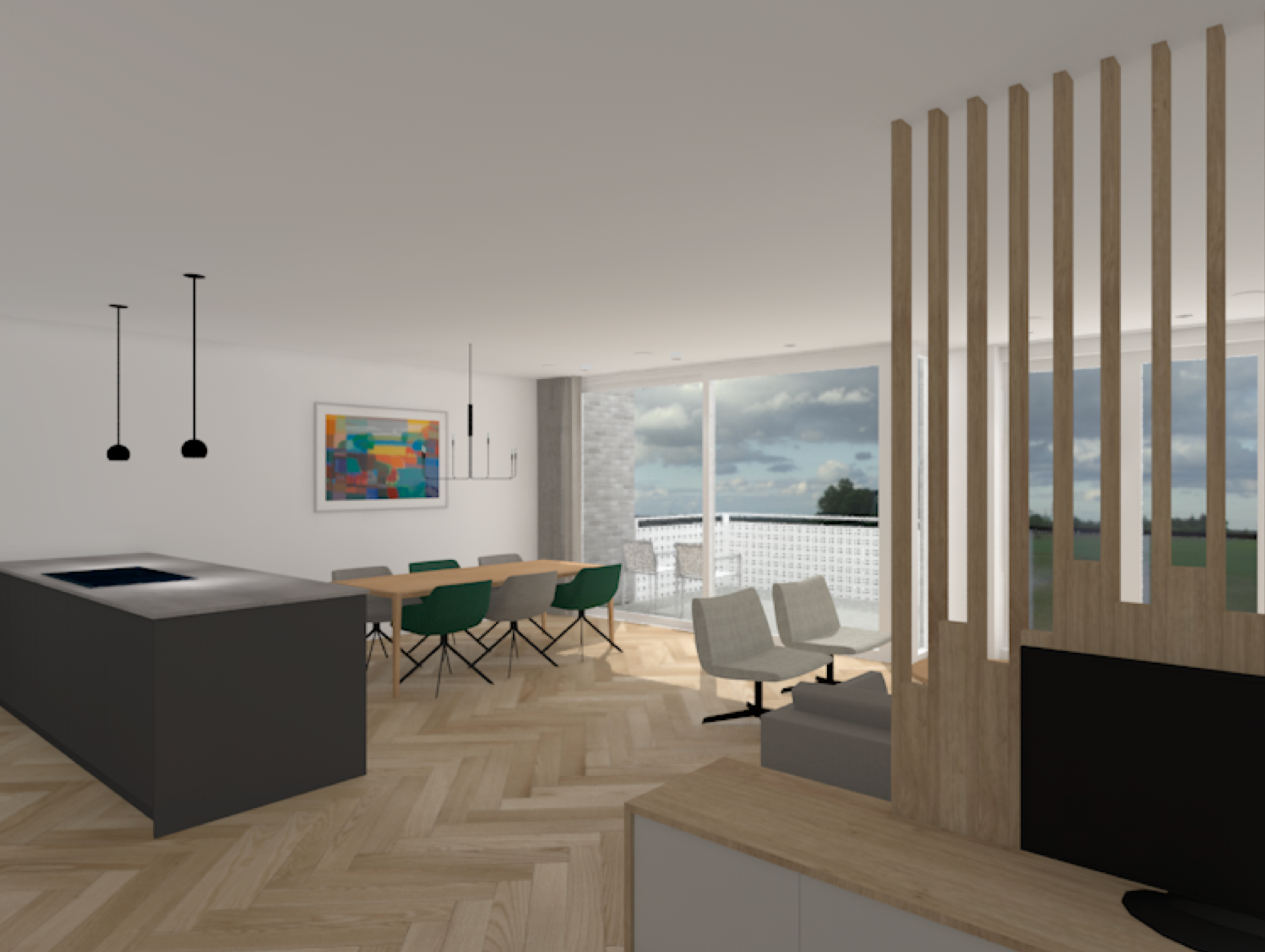Visual van een woonkamer met een eettafel en stoelen.
