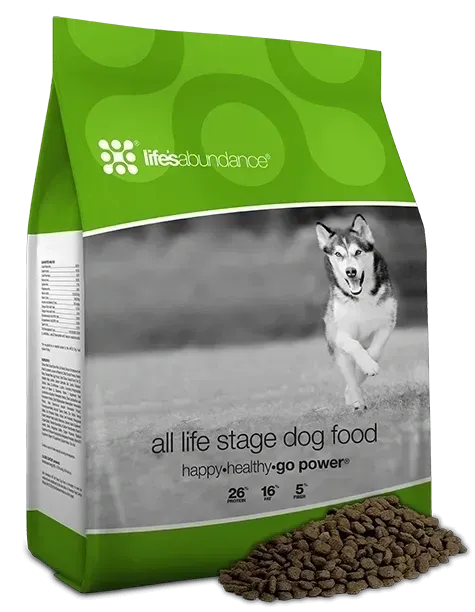 Green and white dog food bag with running husky, product name 