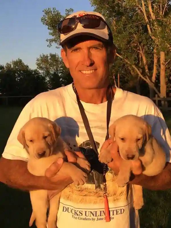 Man holding two yellow Labrador puppies, smiling outside.