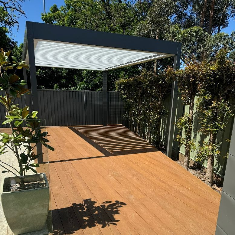 Wooden Deck With Grey Pergola — Narellan Home Improvement Centre In Dubbo, NSW