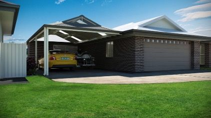 Carport with two parked cars next to a house with a two-car garage, green lawn in the foreground — Narellan Home Improvement Centre In Narellan, NSW