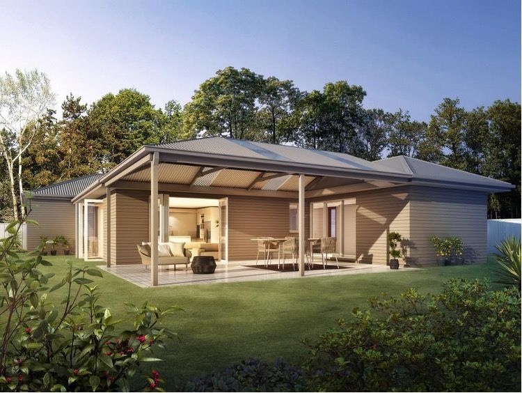 Wooden house with outdoor patio, table, chairs, and green lawn, surrounded by trees — Narellan Home Improvement Centre In Narellan, NSW