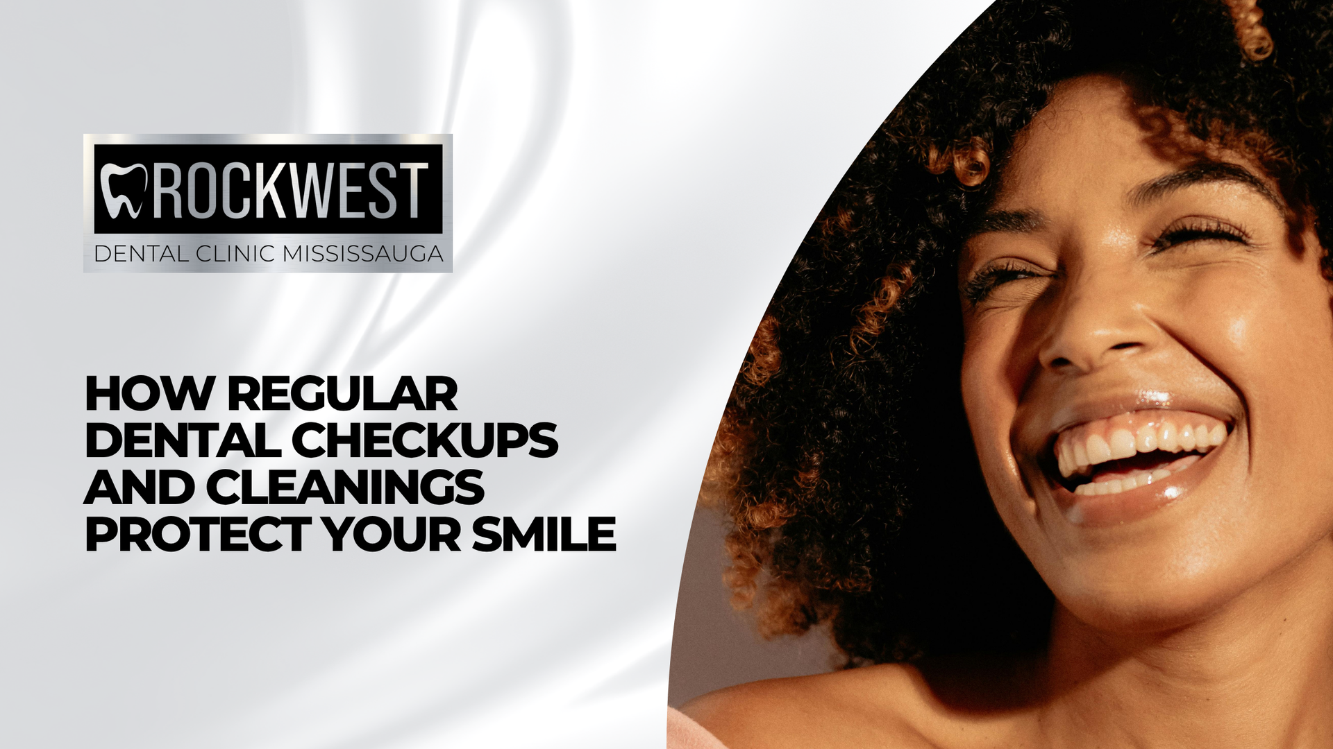 Smiling woman next to text: